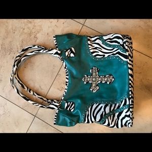 Cross purse. Turquoise, black & white.